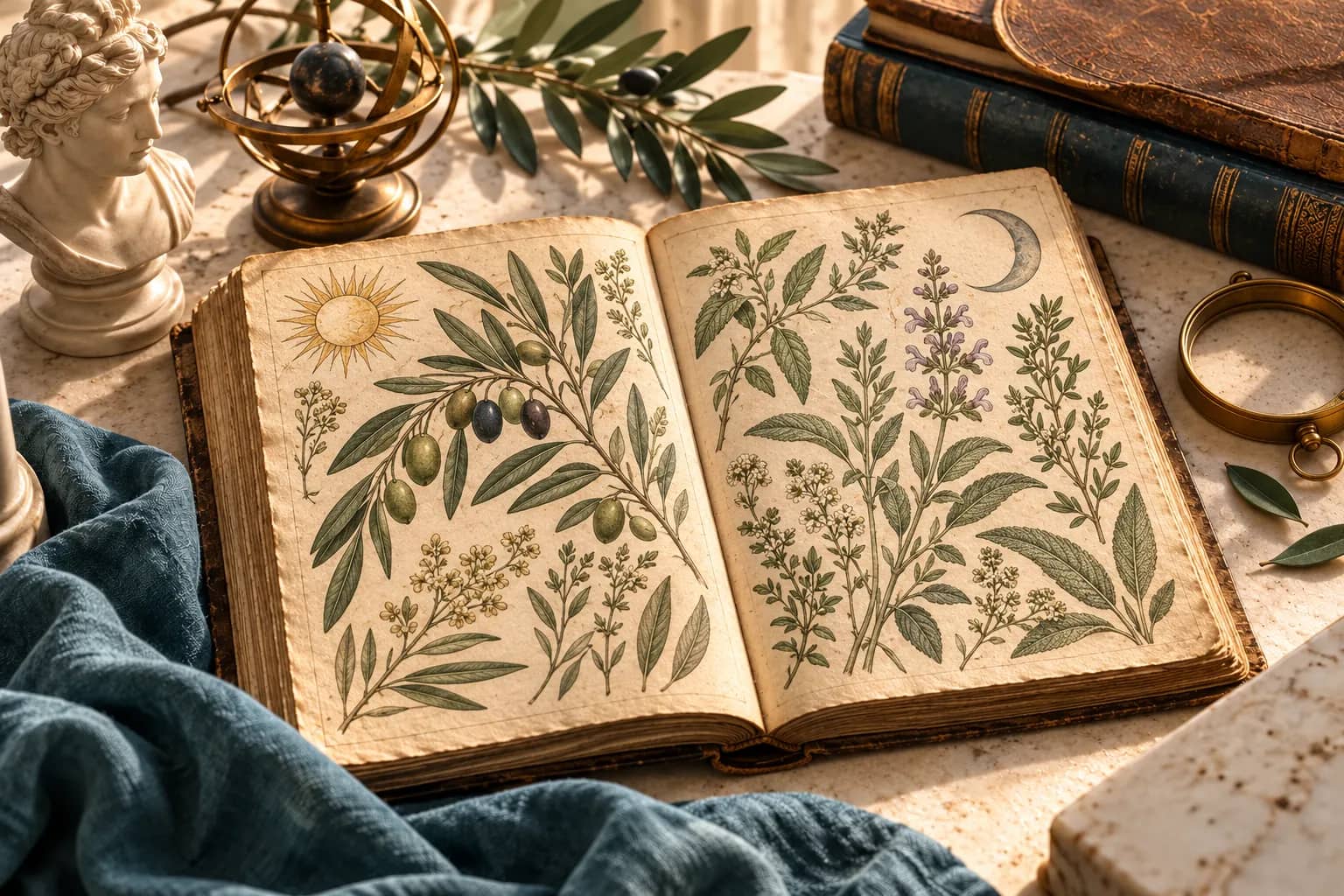 Старинная книга с ботаническими рисунками, латунная сфера и оливковая ветвь