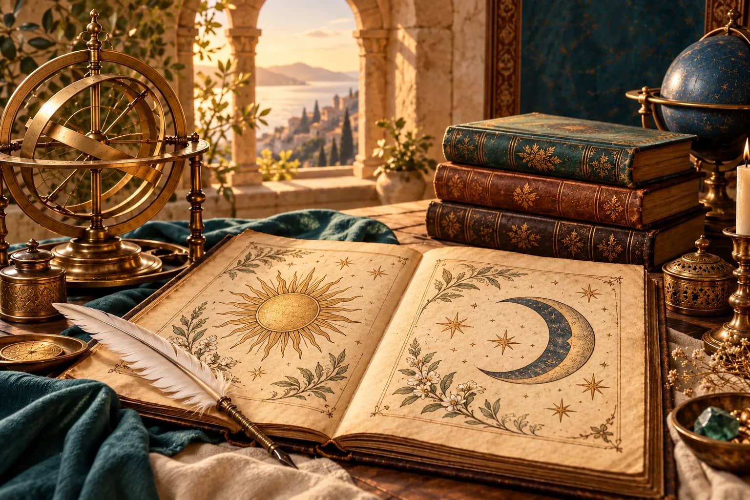 Старинные книги, перо и латунная сфера в залитом солнцем кабинете